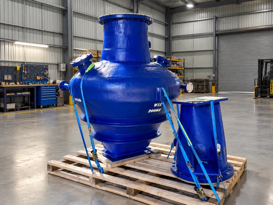Blue FRP vessel and hopper strapped to a pallet in a workshop