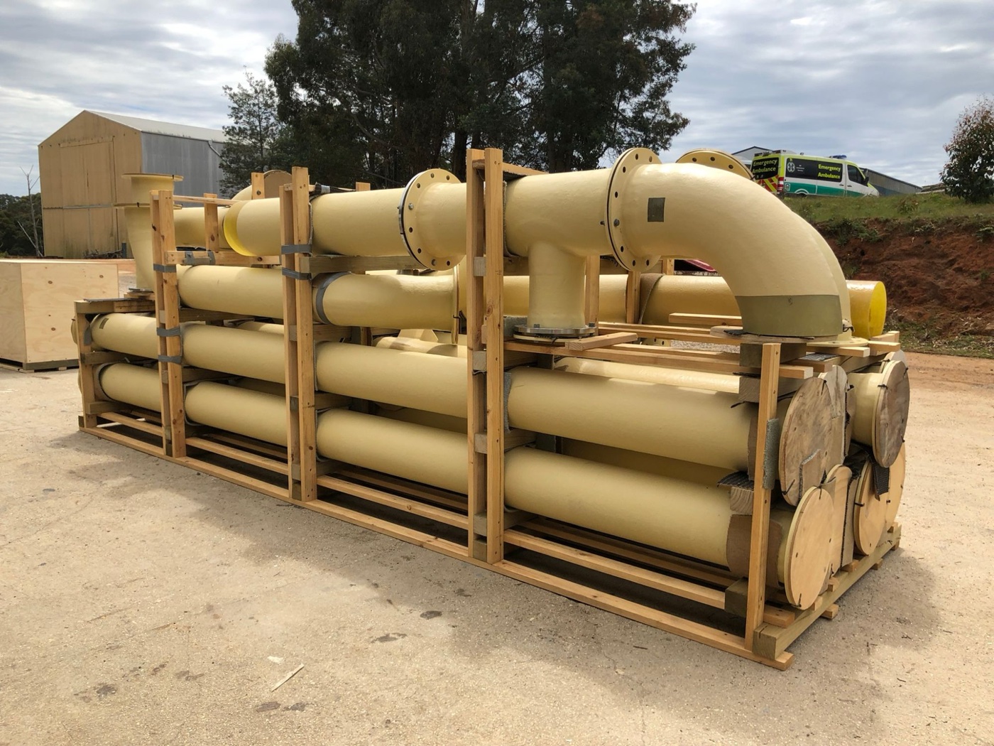 Crated FRP pipe spools, bends and flanged fittings ready for delivery